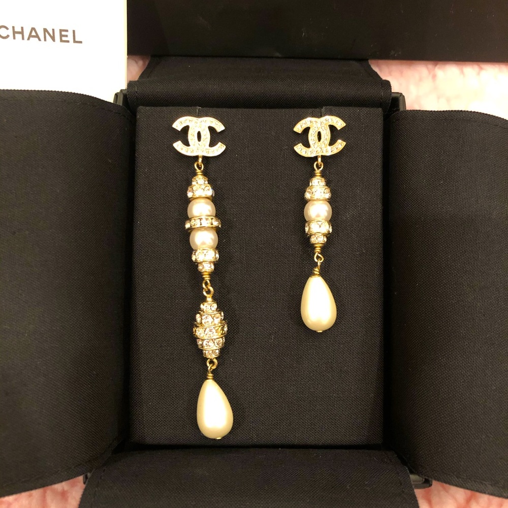 Chanel Asymmetrical Crystal Pearl Gold Dangle Earrings